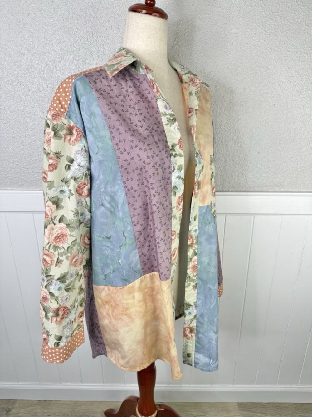 Cottagecore Floral Patchwork Open Front Shirt Top Grannycore Grandma Shabby Chic - Picture 3 of 10